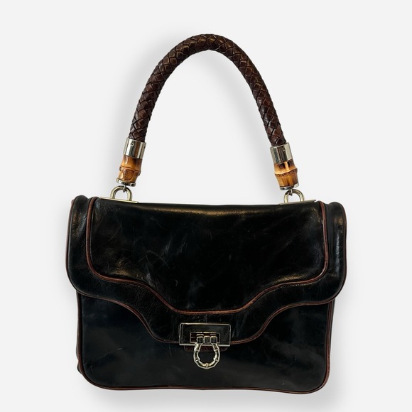 Elaine Turner Handbags - Vintage Elaine Turner Leather Shoulder Bag Black Brown Bamboo Woven Straps